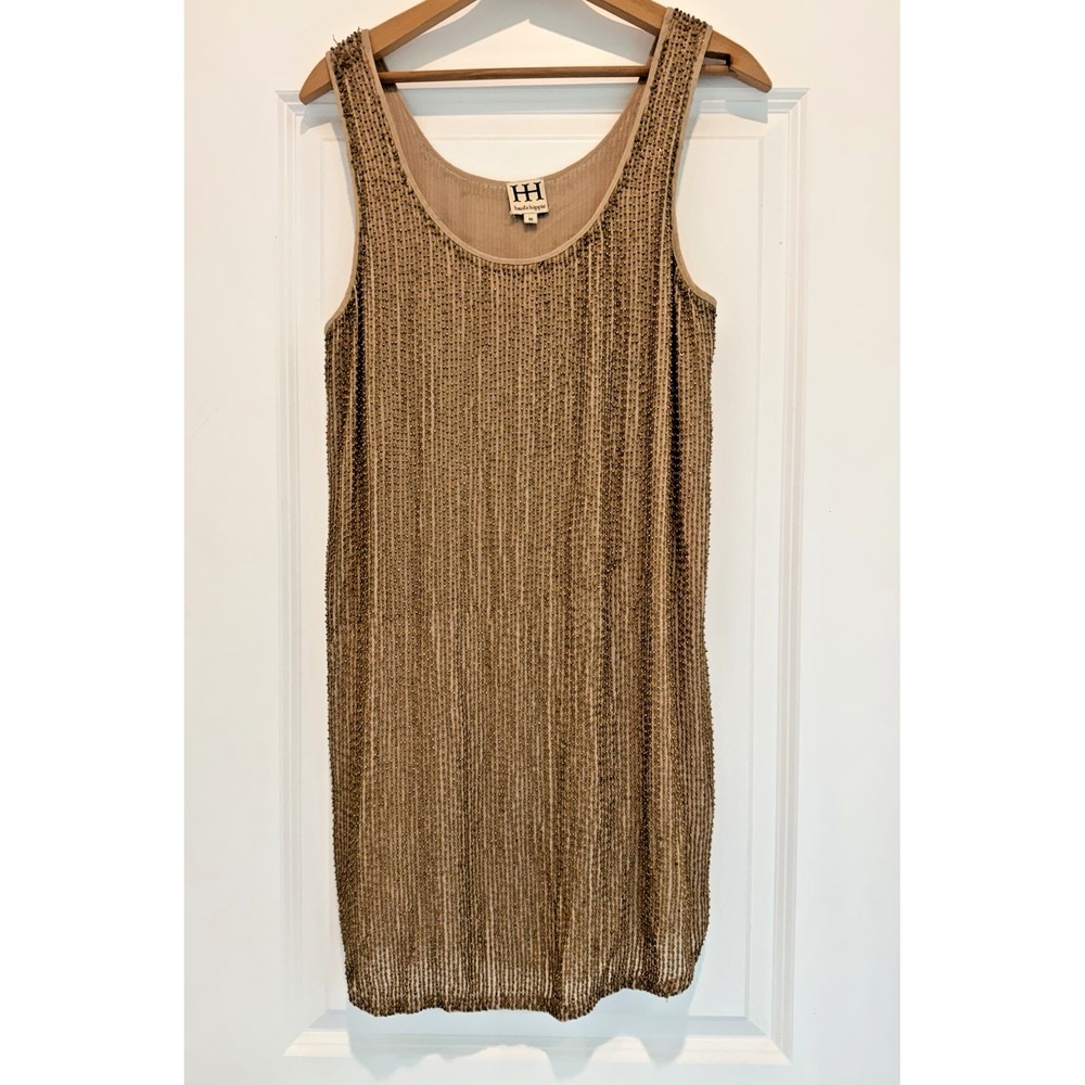Haute Hippie 100% Silk Beaded Sleeveless Dress Sz M Taupe Bronze Embellished - Picture 2 of 10